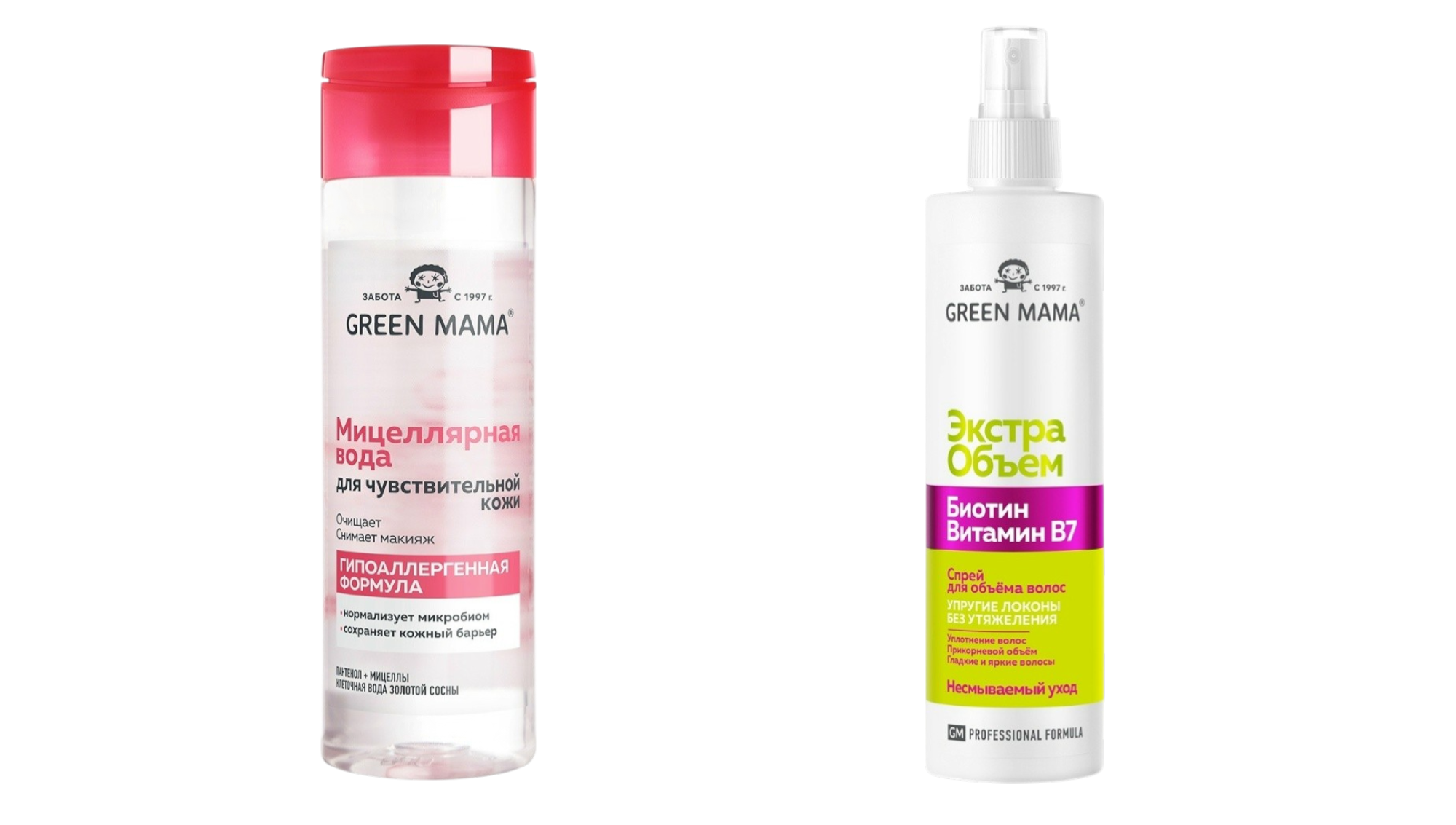 МИЦЕЛЛЯРНАЯ ВОДА ДЛЯ ЧУВСТВИТЕЛЬНОЙ КОЖИ “ПАНТЕНОЛ И ЗОЛОТАЯ СОСНА” ОТ GREEN MAMA, СПРЕЙ ДЛЯ ОБЪЕМА ВОЛОС С БИОТИНОМ от Green Mama