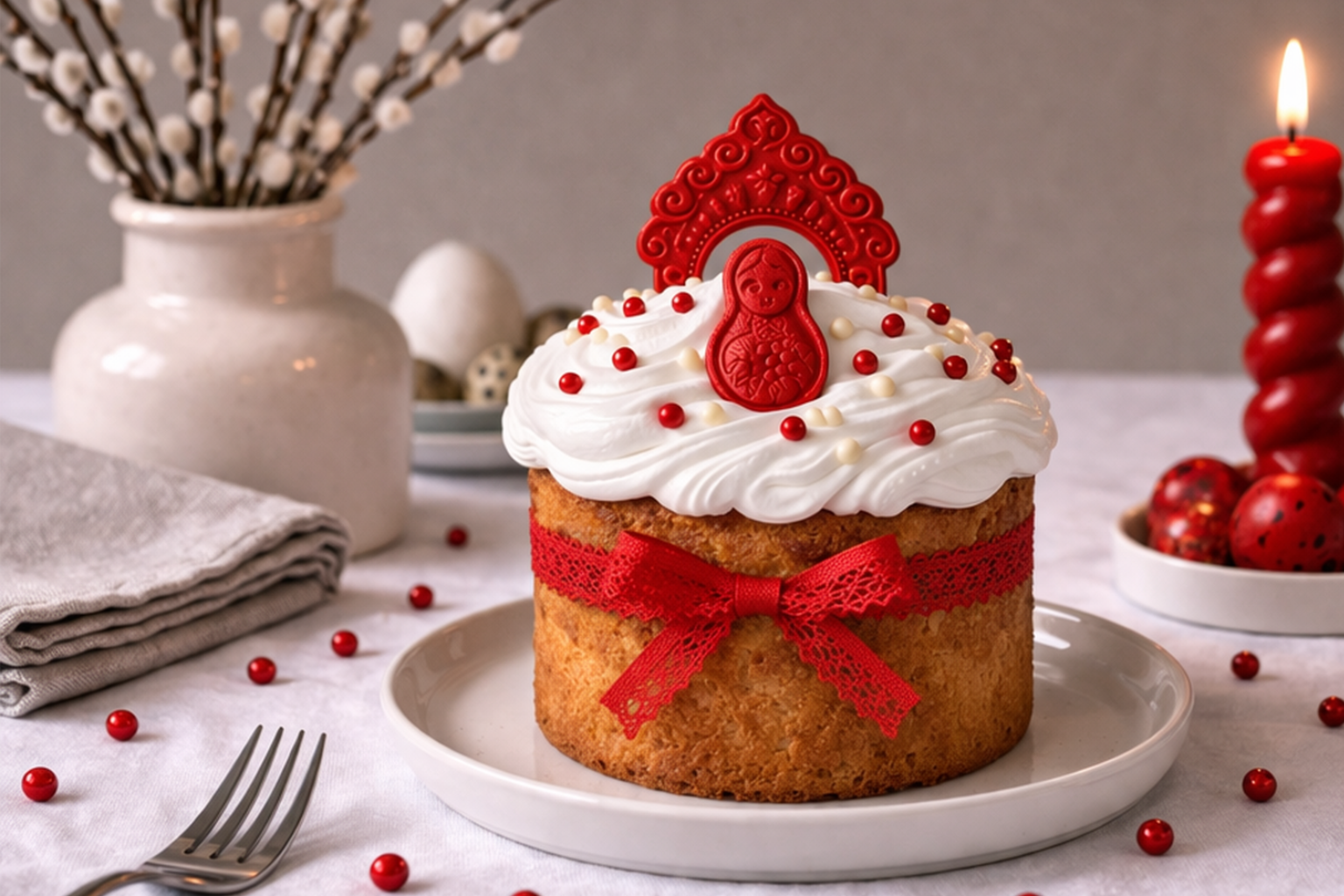 куличи в русском стиле с матрешками в ресторане DUNE